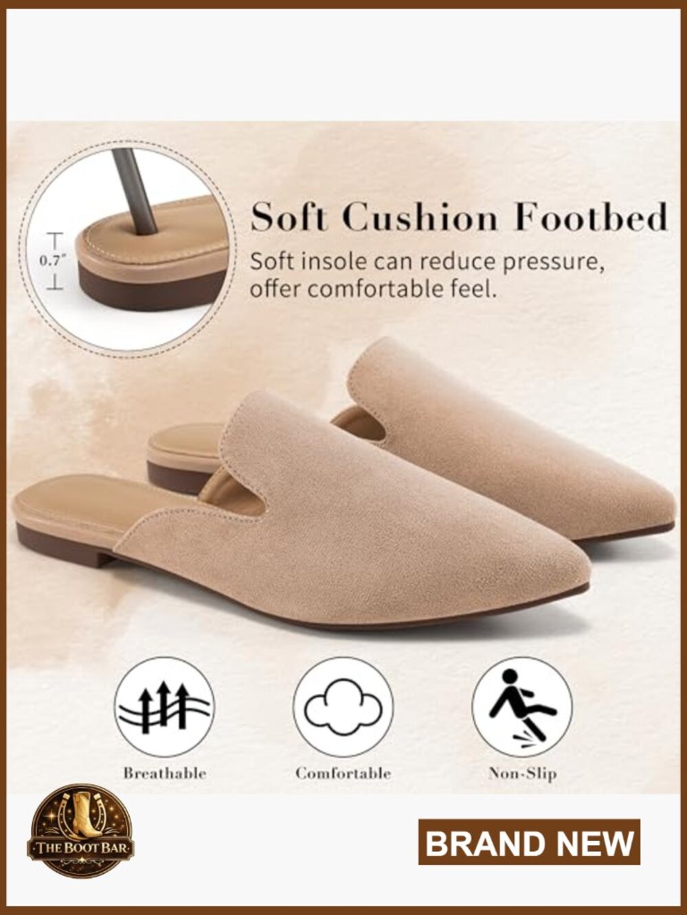 Pointed Toe Mules Slip On Flats Faux Suede Rubber Sole Comfortable Casual Work - Picture 5 of 7
